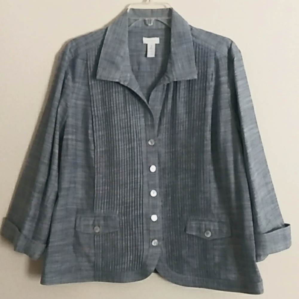 Chico's Collared Shirt Blouse Three Button Down Chico's SZ 2 Cuffed 3/4 sleeve